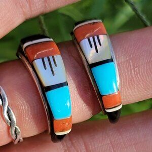 Navajo Diné silversmith Arlene Mahoal handsigned turquoise, coral, MOP,earrings